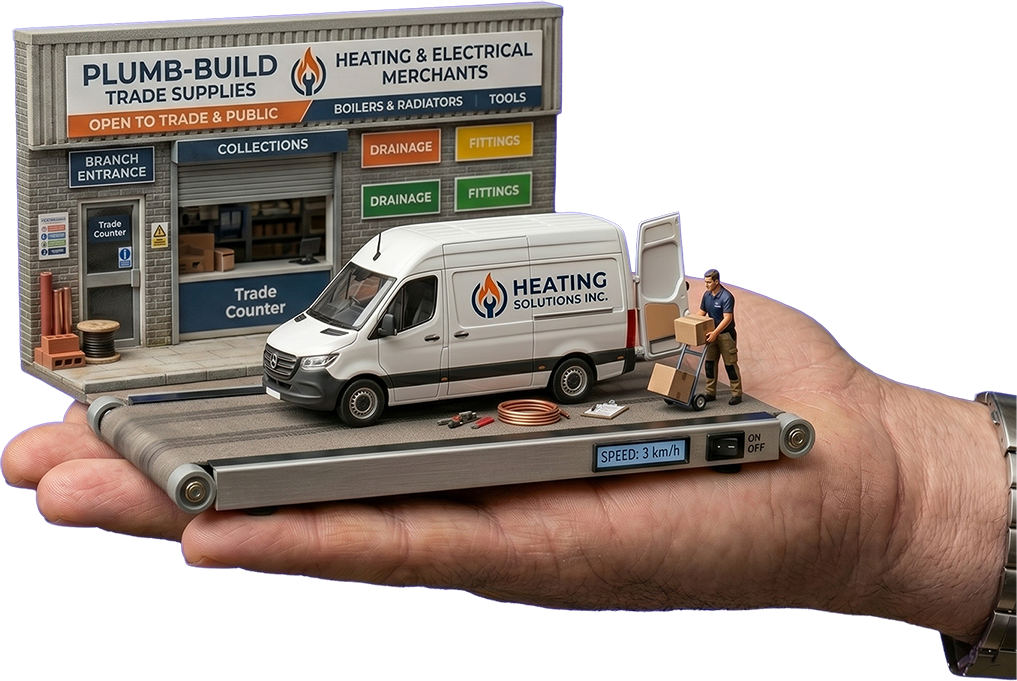 A model of an Engineers van on a treadmill next to a traditional builders merchant