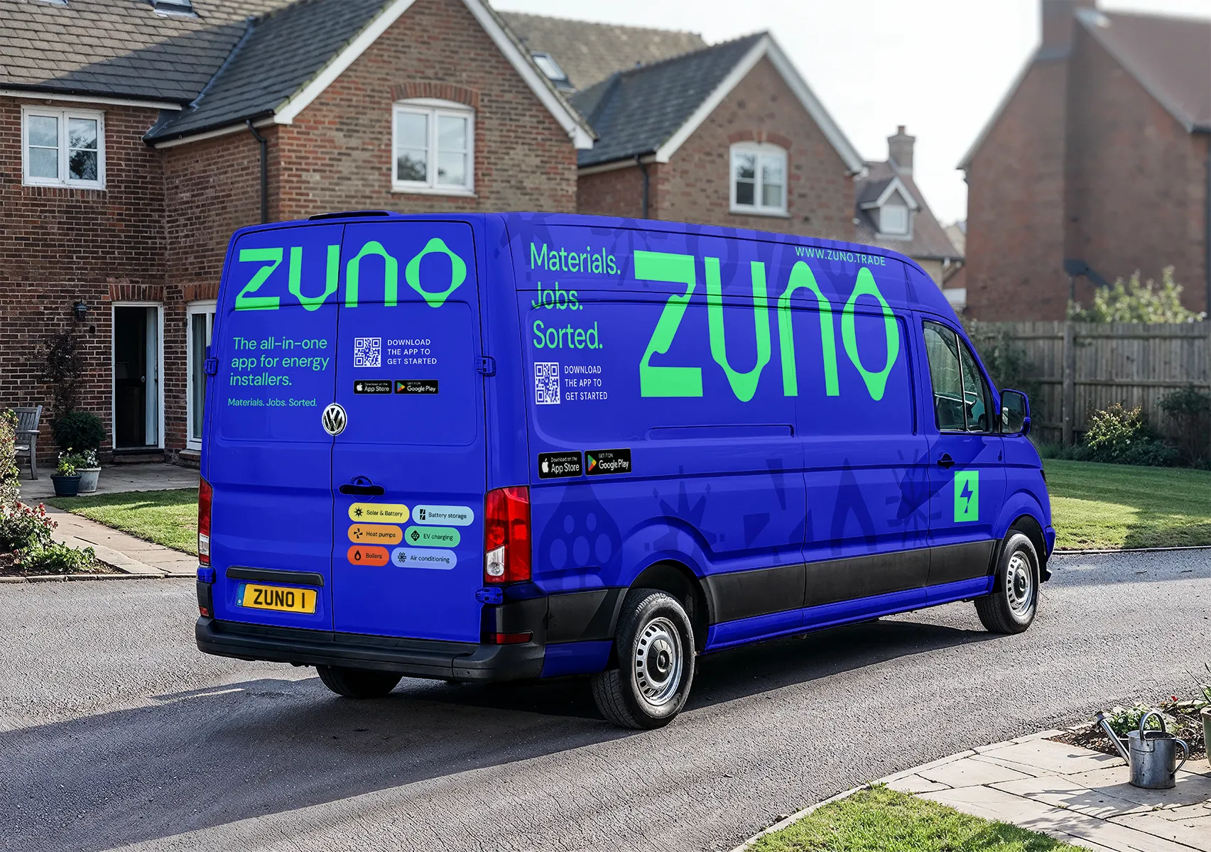 A Zuno branded van outside a home